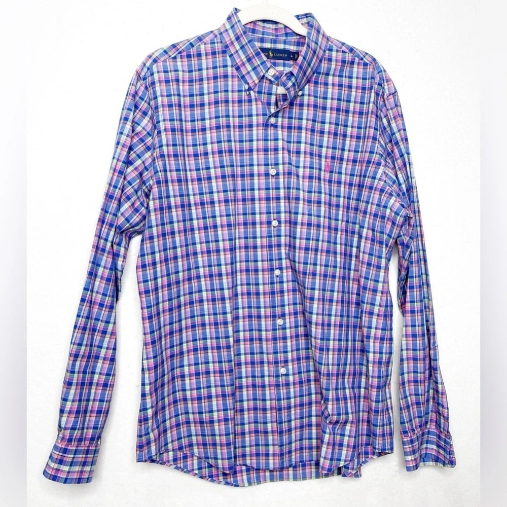 Polo Ralph Lauren Men's Large Button Front Bright Vivid Plaid Shirt Pink